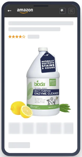 A Bioda multi-purpose enzyme cleaner listing as it appears on the Amazon mobile app.